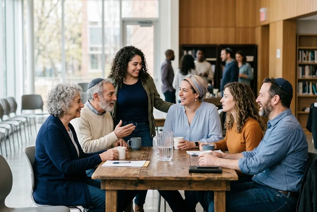 AI-generated illustration of adults of different generations sharing conversation around a community table.